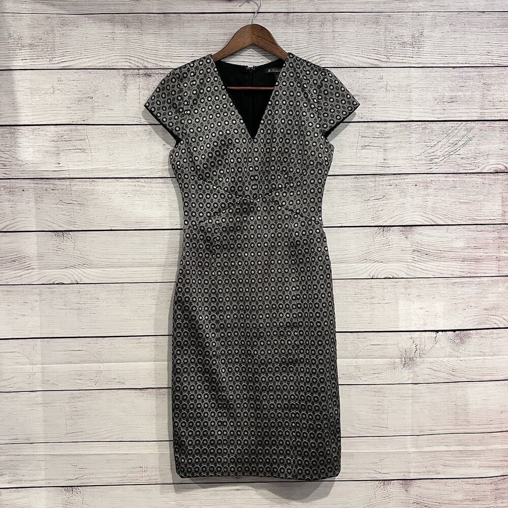 Brooks Brothers Sheath Dress Black Silver Geometric Star Jacguard Size 2 Office - Picture 2 of 11